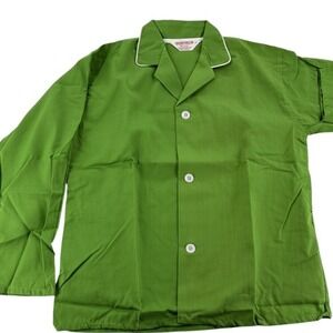 Vintage 60s 70s Mens Green Pajama Shirt Sleepwear Long Sleeve White Piping